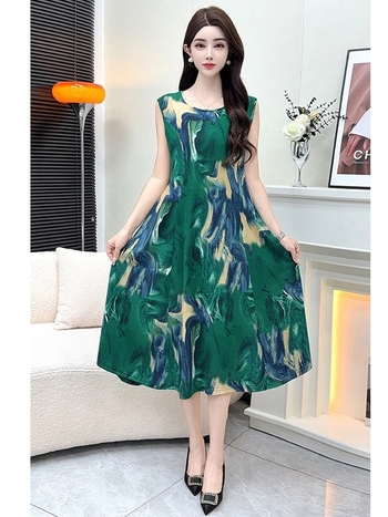 Elegáns nyári chiffon ruha magas derekú, ujj nélküli, kerek nyakú, fekete, pluszméret, karcsúsító hatású, A-vonal.