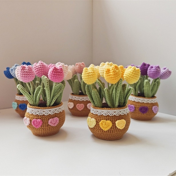 Kész kézzel horgolt tulipán virágcserepben és gyapjúból kötött rózsa — asztali bonsai dekoráció
