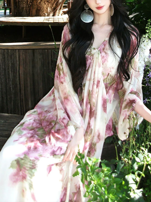 Icelolly Új kínai stílusú laza szabású virágmintás ruha kis méretű nőknek, nyári hosszú ujjú, A-vonalú fazon