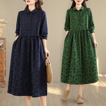Erdei stílusú, 100% pamut jacquard ruházat női, pávatoll mintával, laza szabású, hosszú ujjú ingruha, őszi viselet