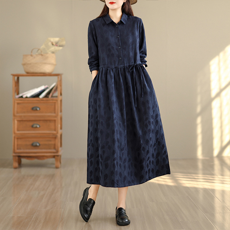 Erdei stílusú, 100% pamut jacquard ruházat női, pávatoll mintával, laza szabású, hosszú ujjú ingruha, őszi viselet