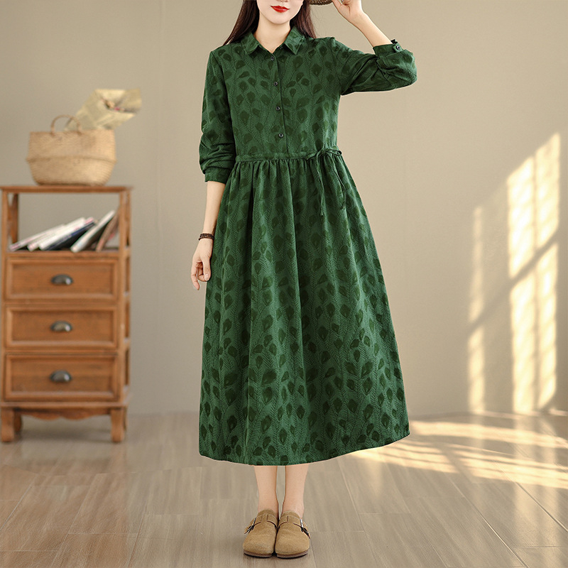 Erdei stílusú, 100% pamut jacquard ruházat női, pávatoll mintával, laza szabású, hosszú ujjú ingruha, őszi viselet