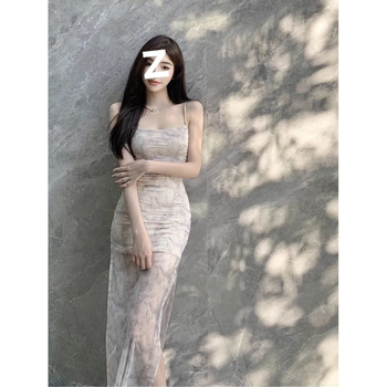Mrežasta tie-dye haljina s tankim trakama za žene, duga uska haljina sa šavom, naglašena struka, bodycon silueta, vilinski dojam