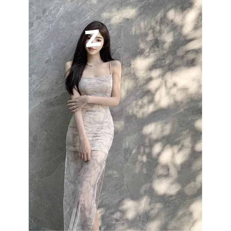 Mrežasta tie-dye haljina s tankim trakama za žene, duga uska haljina sa šavom, naglašena struka, bodycon silueta, vilinski dojam