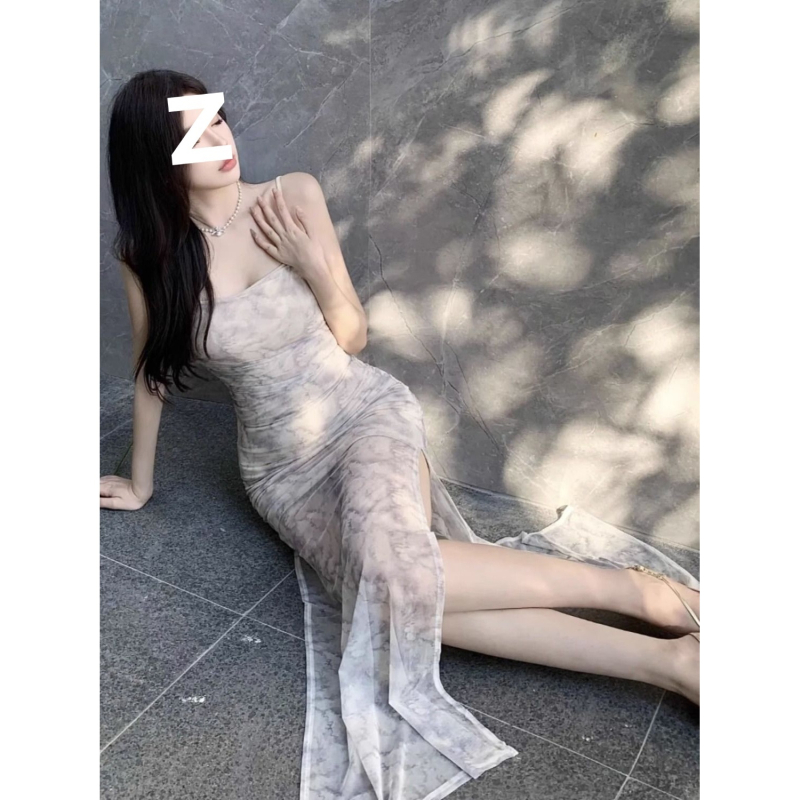 Mrežasta tie-dye haljina s tankim trakama za žene, duga uska haljina sa šavom, naglašena struka, bodycon silueta, vilinski dojam