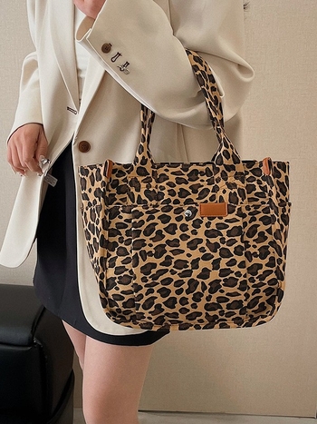 Női pamutvászon táska leopard mintával, 2025 nyár, mindennapi használat, nagy kapacitású váll-tote