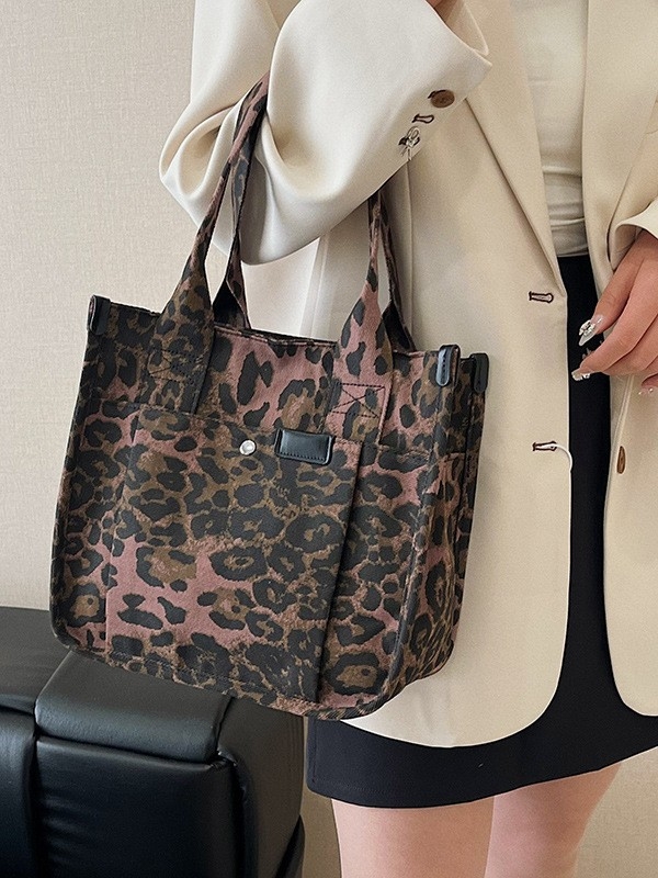 Női pamutvászon táska leopard mintával, 2025 nyár, mindennapi használat, nagy kapacitású váll-tote