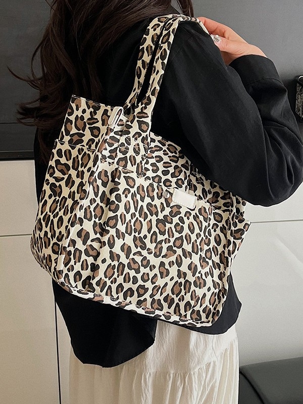 Női pamutvászon táska leopard mintával, 2025 nyár, mindennapi használat, nagy kapacitású váll-tote