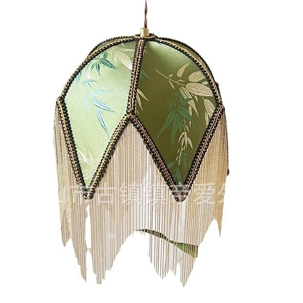 Zöld retro bambuszleveles lámpabura – DIY textile lámpához arany szegélyes csüngőkkel