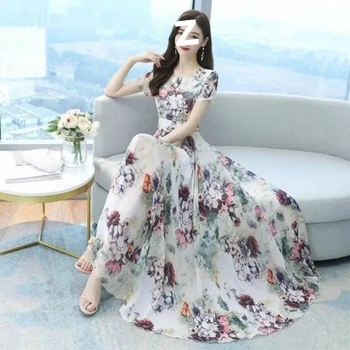 2026 Női rövid ujjú, nyomtatott ice-silk ruha, francia retro nőies stílus, elegáns strand-maxi ruha