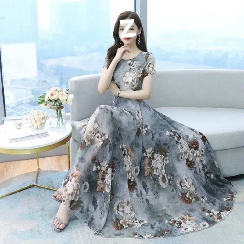 2026 Női rövid ujjú, nyomtatott ice-silk ruha, francia retro nőies stílus, elegáns strand-maxi ruha