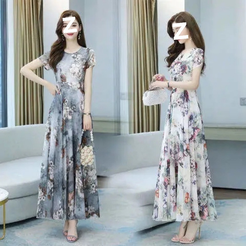 2026 Női rövid ujjú, nyomtatott ice-silk ruha, francia retro nőies stílus, elegáns strand-maxi ruha