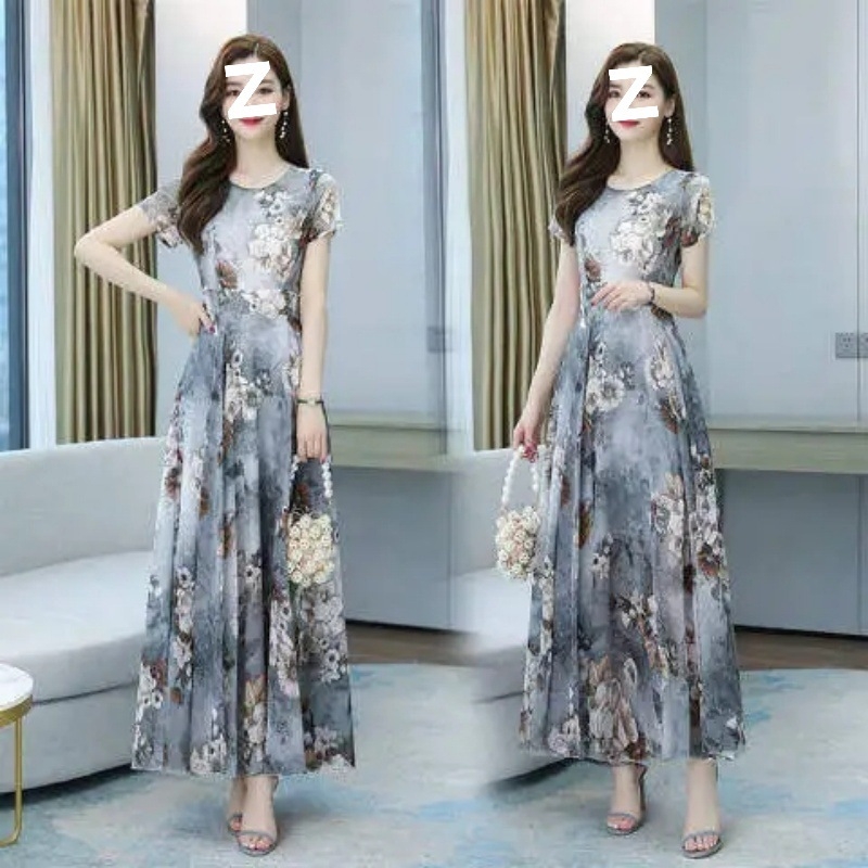 2026 Női rövid ujjú, nyomtatott ice-silk ruha, francia retro nőies stílus, elegáns strand-maxi ruha