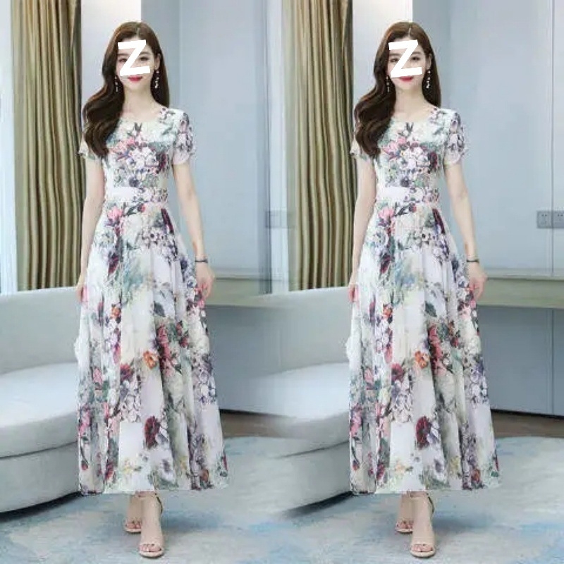 2026 Női rövid ujjú, nyomtatott ice-silk ruha, francia retro nőies stílus, elegáns strand-maxi ruha