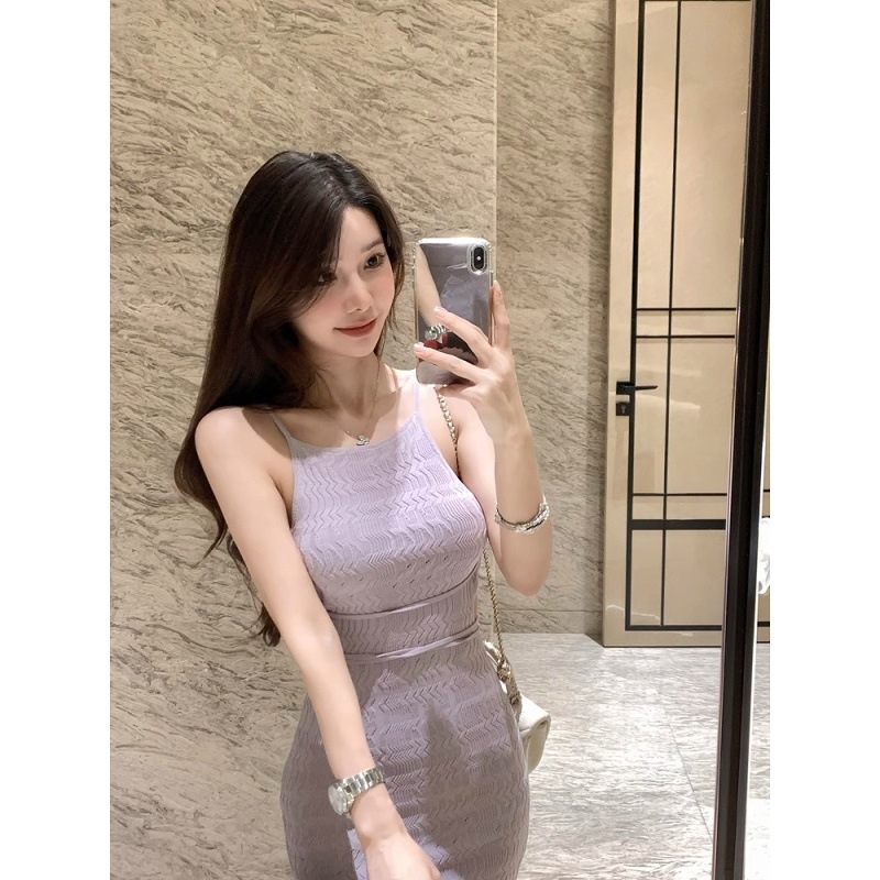 Lila kötött ruha ujjatlan vállpántos, szűk fazonú bodycon, mini hosszúság
