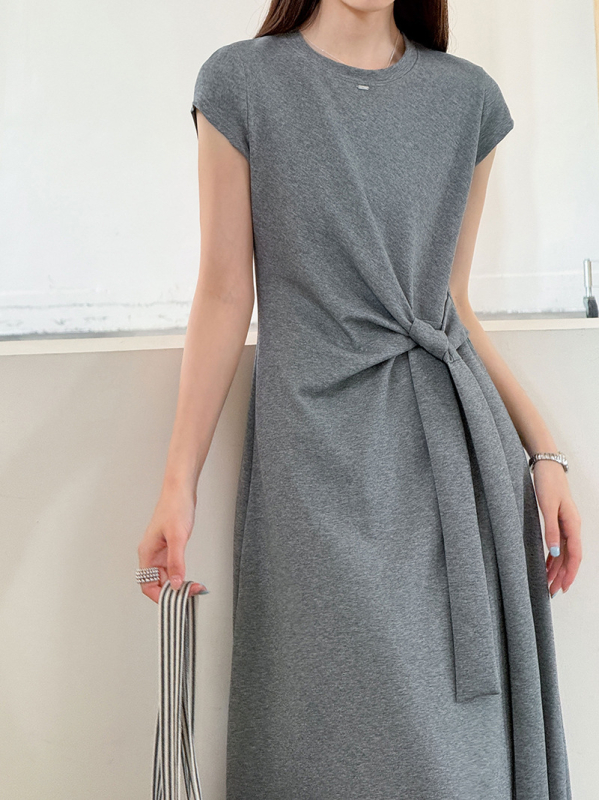 Juzhi ženska ljetna haljina, uski kroj, pamuk, okrugli izrez, kratki rukav, midi duljina, japansko-korejski casual stil, 5031 — uključuje prugastu torbu velikog kapaciteta