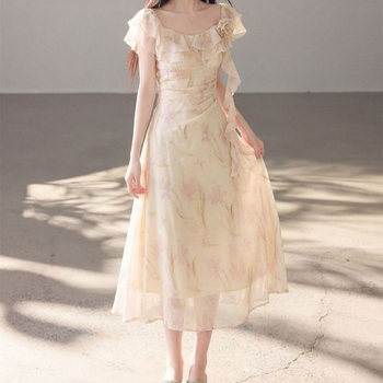Virágmintás chiffon hosszú ujjú maxi ruha