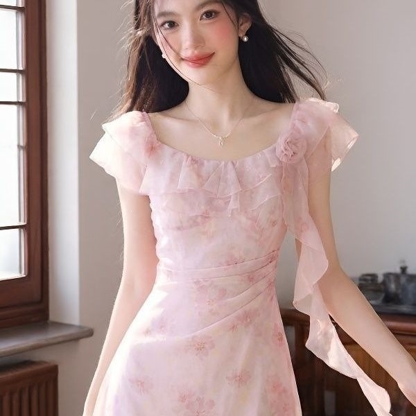 Virágmintás chiffon hosszú ujjú maxi ruha