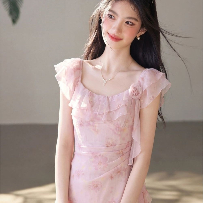 Virágmintás chiffon hosszú ujjú maxi ruha