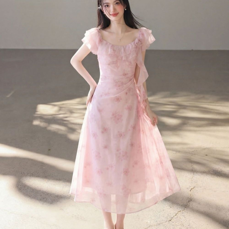 Virágmintás chiffon hosszú ujjú maxi ruha