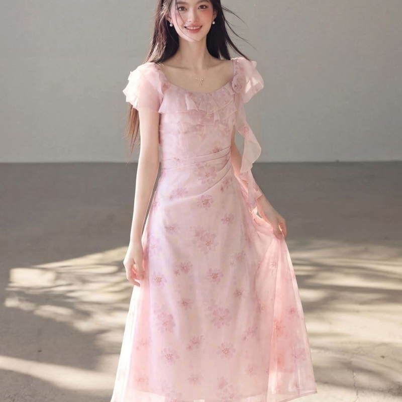 Virágmintás chiffon hosszú ujjú maxi ruha