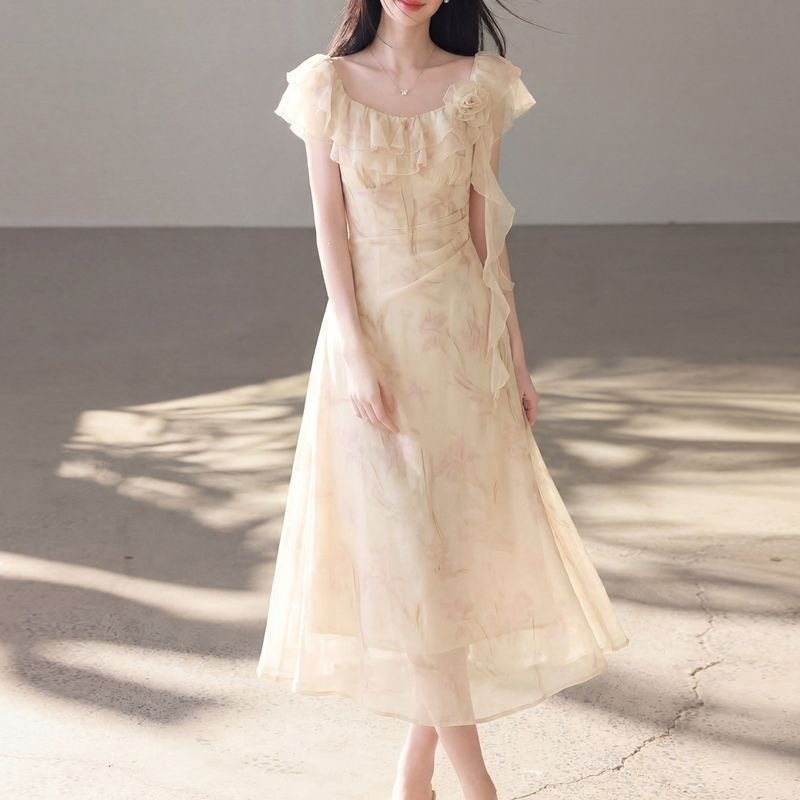 Virágmintás chiffon hosszú ujjú maxi ruha