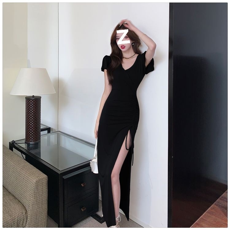 2025 plusz méretű retro szexi ruha kötőzsinórral és hasítékkal nőknek, új dizájn, karcsú vonal, bodycon, rövid ujjú, kis fekete ruhadarab