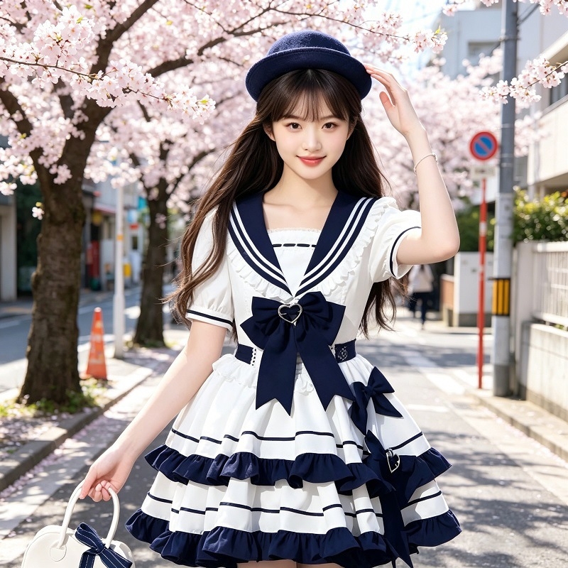 Édes és gyengéd Lolita ruha tengerészkék gallérral, deréknál színbeli blokk és puffos A-vonalú szoknya