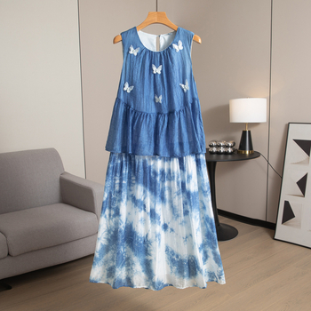Női ruházat növényi festéssel és tie-dye-val, 3D pillangó mintával, nyaralós stílusú középméretű midi ruha, optikai két részes hatás