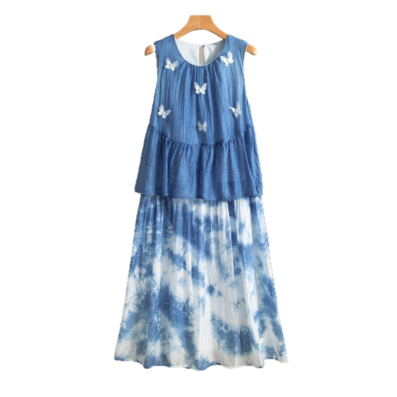 Női ruházat növényi festéssel és tie-dye-val, 3D pillangó mintával, nyaralós stílusú középméretű midi ruha, optikai két részes hatás