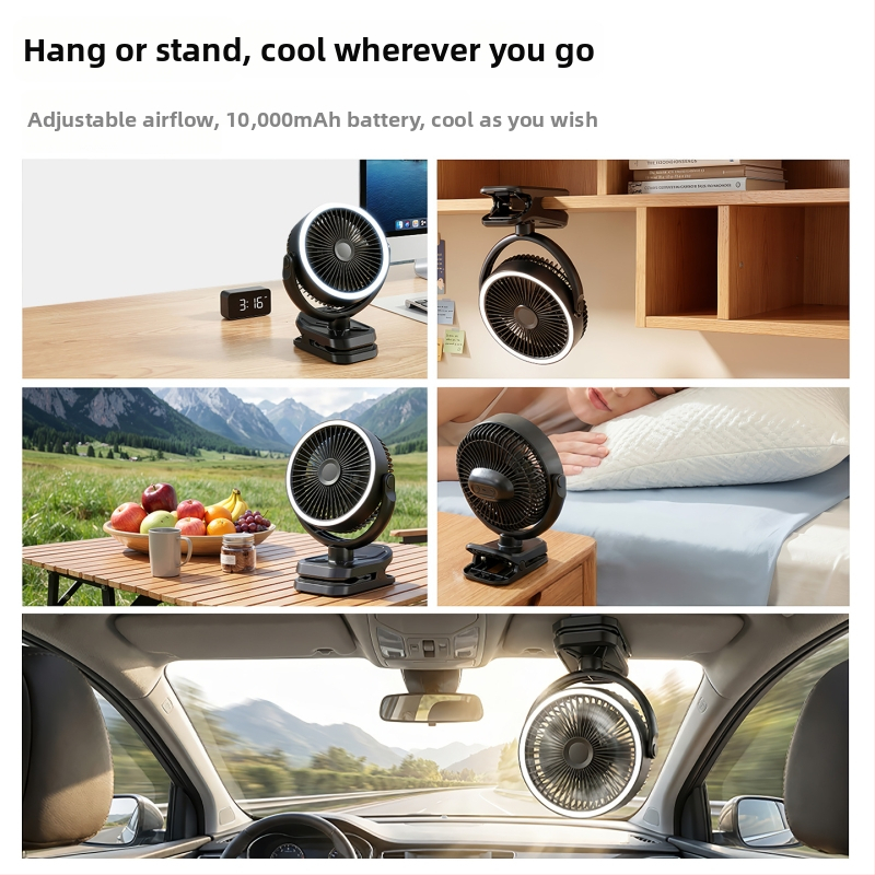 Klip ventilátor kempinghez és irodához beépített fénnyel, USB töltésű, 3 sebesség