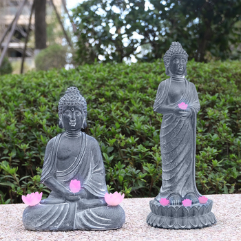Zen kert Buddha szobor napelemes világítással, gyanta dekoráció
