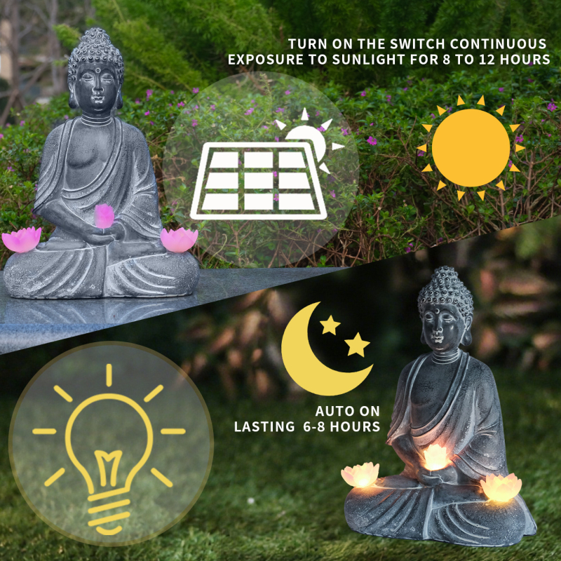 Zen kert Buddha szobor napelemes világítással, gyanta dekoráció