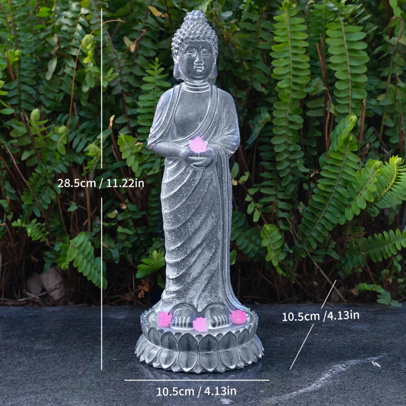Zen kert Buddha szobor napelemes világítással, gyanta dekoráció