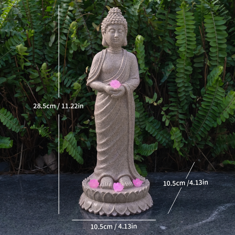 Zen kert Buddha szobor napelemes világítással, gyanta dekoráció