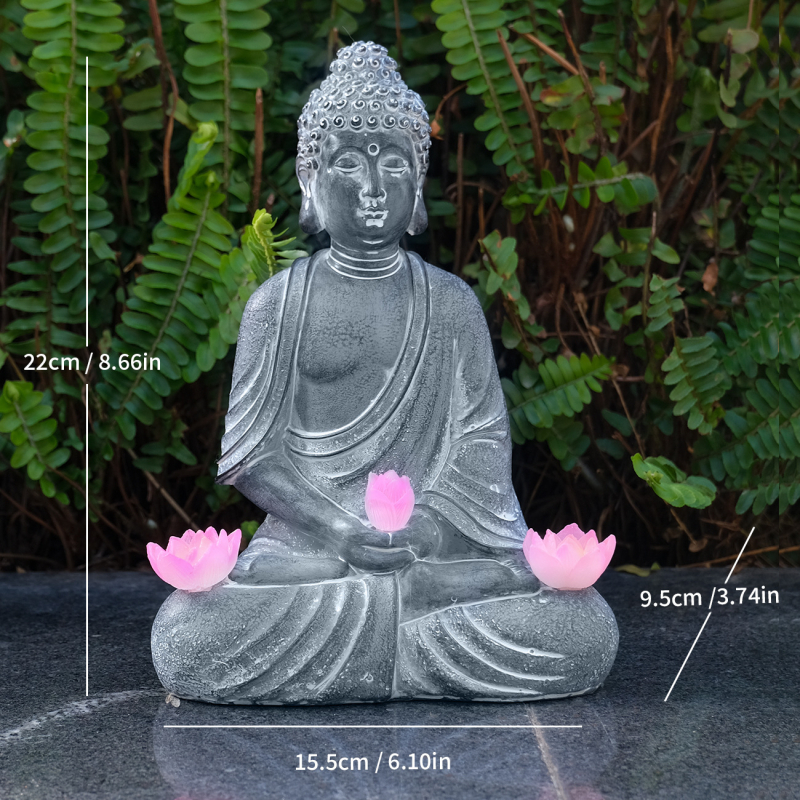 Zen kert Buddha szobor napelemes világítással, gyanta dekoráció