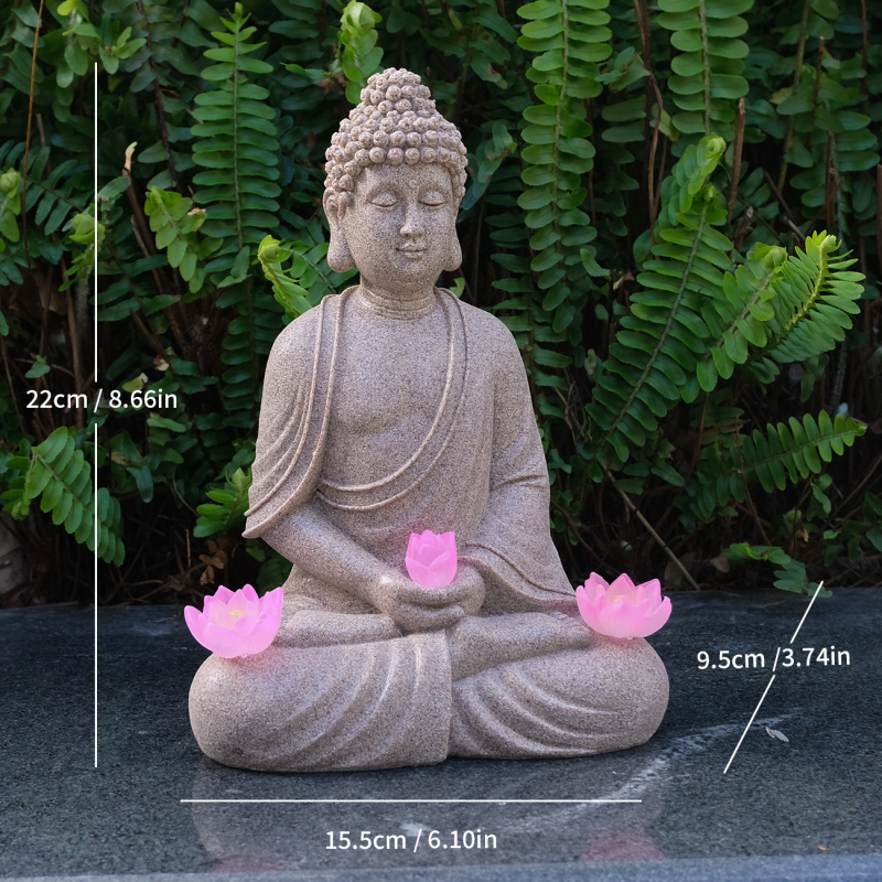 Zen kert Buddha szobor napelemes világítással, gyanta dekoráció