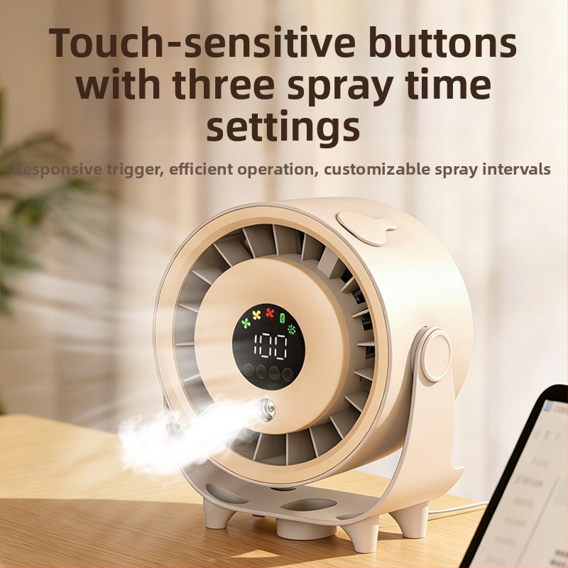 Zvlhčovací stolový ventilátor s rozprašovačom a bezkefkovým motorom s USB nabíjaním, kompaktný elektrický ventilátor, model 2026