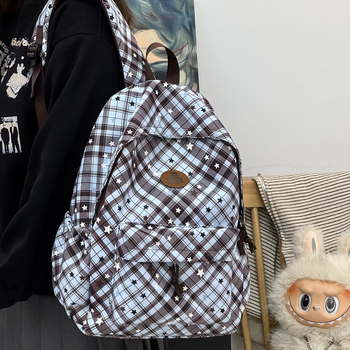 Női hátizsák kockás mintával és csillagnyomattal, koreai stílus, 20–35 L kapacitású, nejlon, 14 hüvelykes laptop kompatibilis