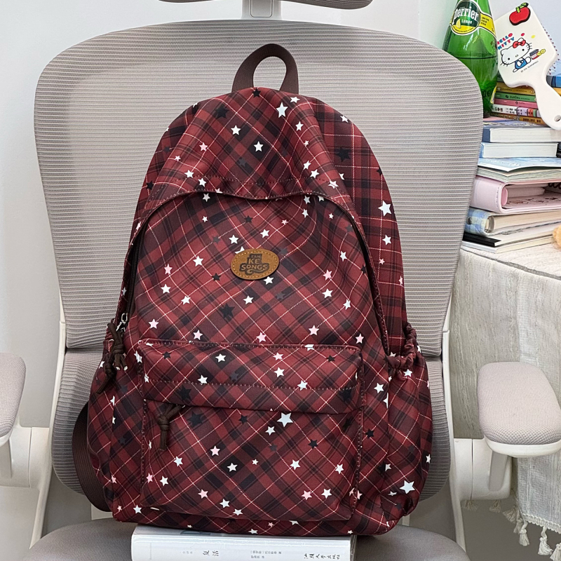 Női hátizsák kockás mintával és csillagnyomattal, koreai stílus, 20–35 L kapacitású, nejlon, 14 hüvelykes laptop kompatibilis