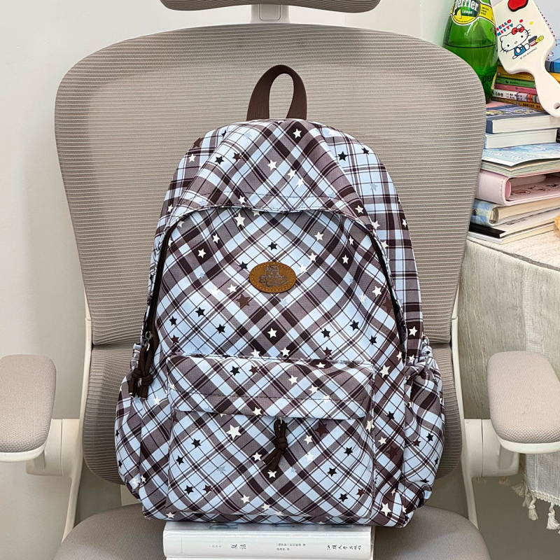 Női hátizsák kockás mintával és csillagnyomattal, koreai stílus, 20–35 L kapacitású, nejlon, 14 hüvelykes laptop kompatibilis