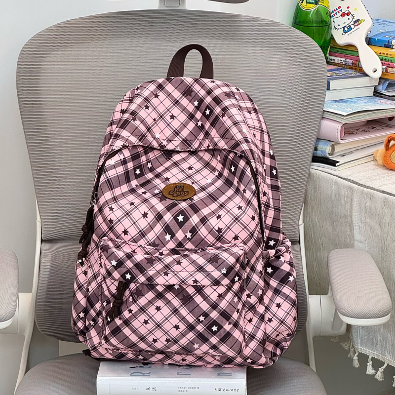 Női hátizsák kockás mintával és csillagnyomattal, koreai stílus, 20–35 L kapacitású, nejlon, 14 hüvelykes laptop kompatibilis