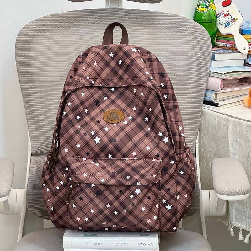 Női hátizsák kockás mintával és csillagnyomattal, koreai stílus, 20–35 L kapacitású, nejlon, 14 hüvelykes laptop kompatibilis