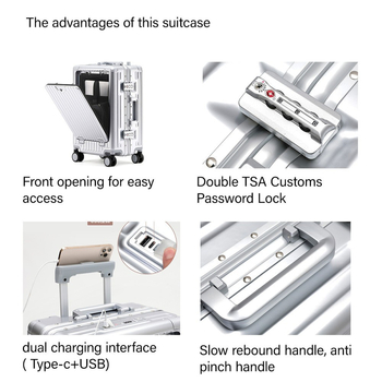 Valiză cu cadru din aluminiu, TSA încuietoare, 20/26/28 inch, port USB, suport pentru telefon, suport pentru ceașcă, roți universale, căptușeală din poliester, stil de călătorie de recreere