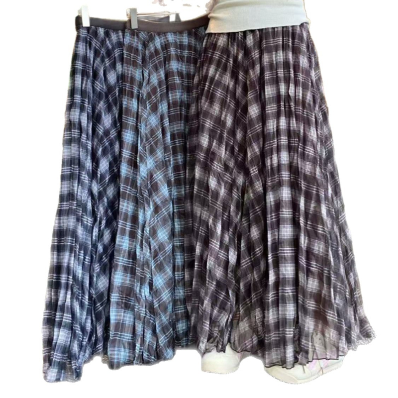 Retro jellegű hálószövetes szoknya kockás mintával 206, magas derék, plusz méret, A-vonalú, midi hosszúságú, nőknek