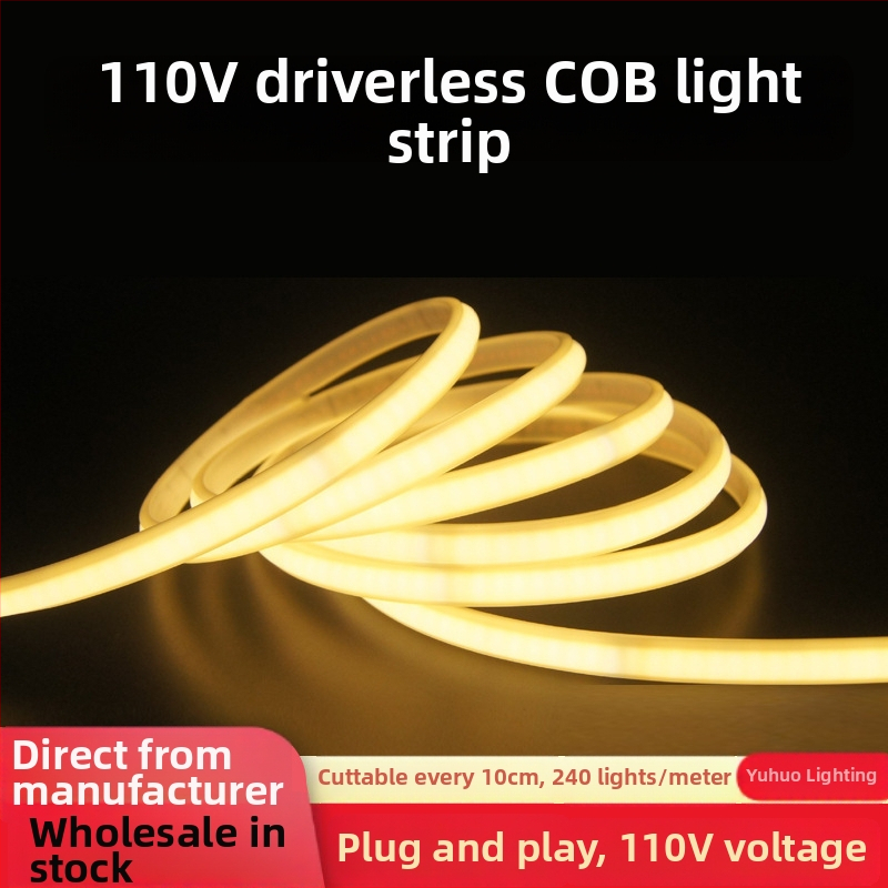 COB nagyfeszültségű driver nélküli LED-szalag, IP65 vízálló lineáris LED-szalag, 220/110 V, 240 LED, 10 W/m, 10 cm-enként vágható