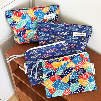 Mélytengeri halnyomatos kozmetikai táska, irodalmi retro stílusban, nagy kapacitás, cipzár, elegáns tároló clutch