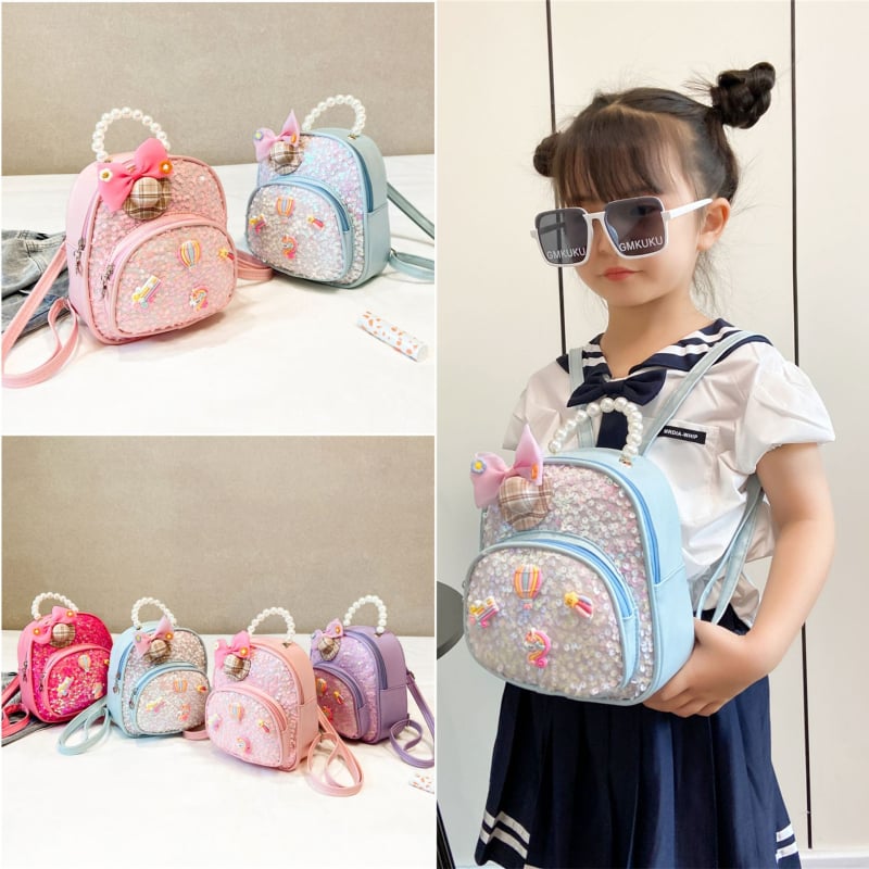 Rucsac pentru grădiniță pentru fete, mâner din perlă, design drăguț cu fluture și desen animat