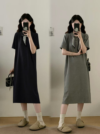 Plusz méret nyári polo galléros T-shirt ruha, rövid ujjú, A-vonalú maxi, egyszínű, viszkóz