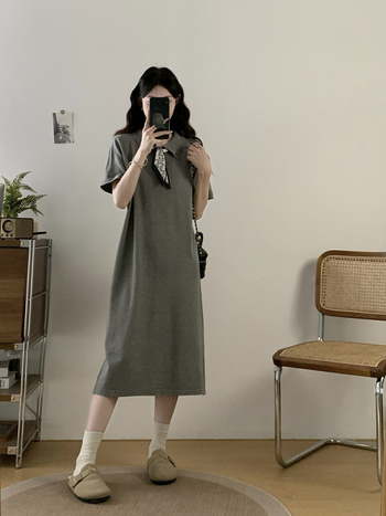 Plusz méret nyári polo galléros T-shirt ruha, rövid ujjú, A-vonalú maxi, egyszínű, viszkóz